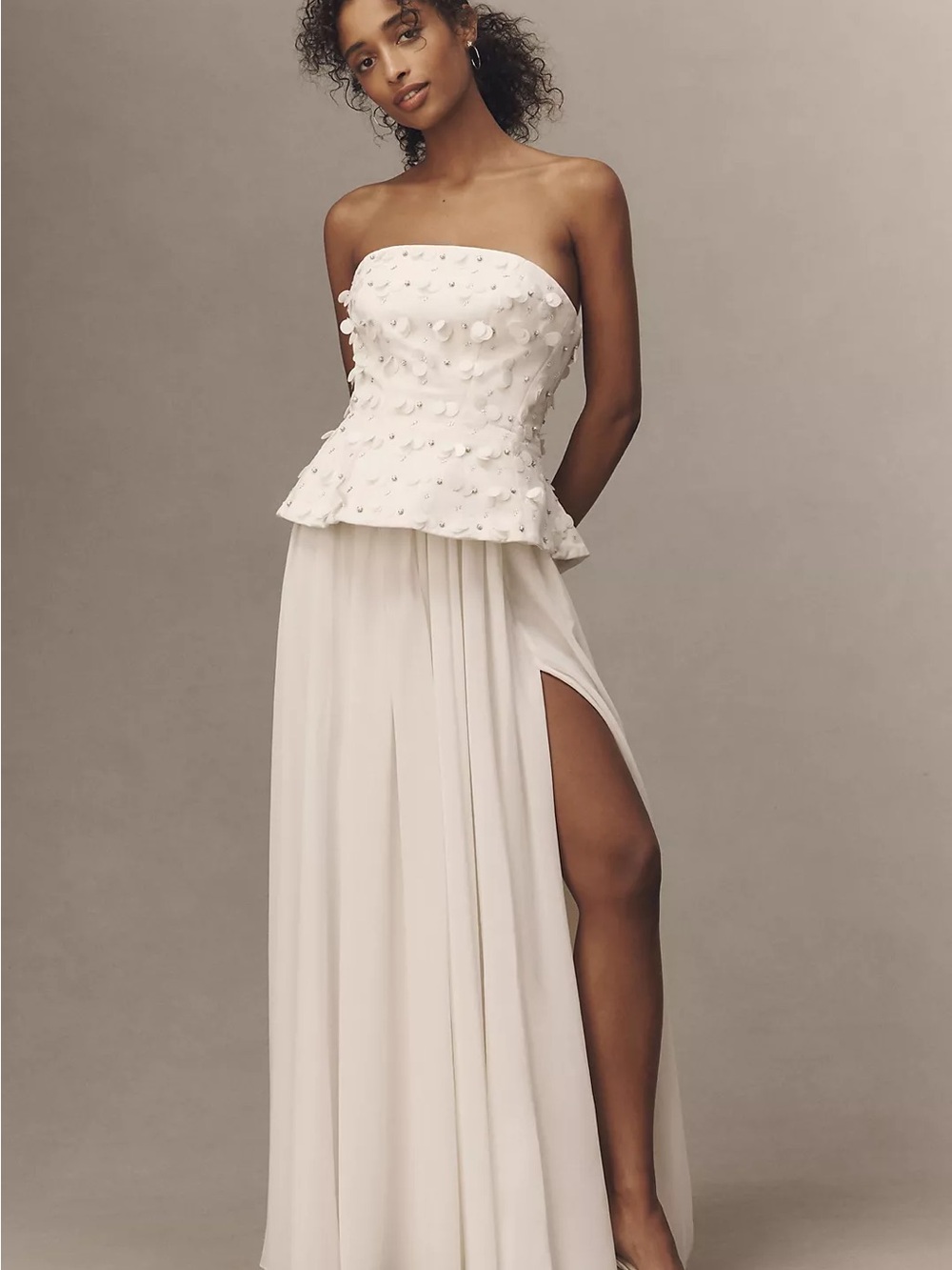 Anthropologie White Strapless Peplum Maxi Dress with Side Slit